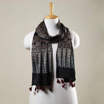  Ajrakh Hand Block Printed Mashru Silk Stole with Tassels 