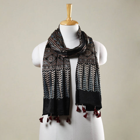  Ajrakh Hand Block Printed Mashru Silk Stole with Tassels 
