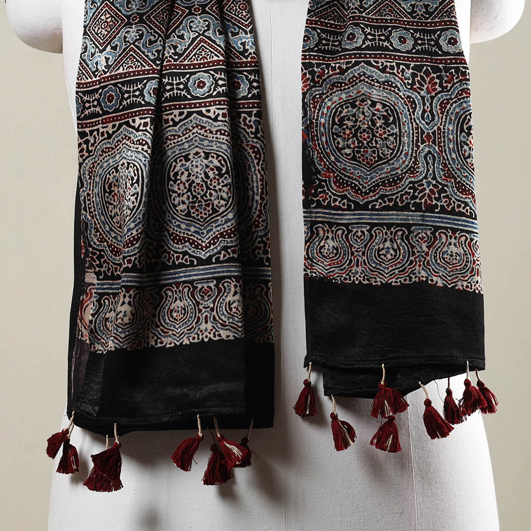 Black - Ajrakh Hand Block Printed Mashru Silk Stole with Tassels