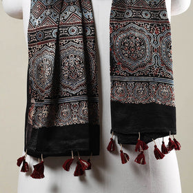 Black - Ajrakh Hand Block Printed Mashru Silk Stole with Tassels