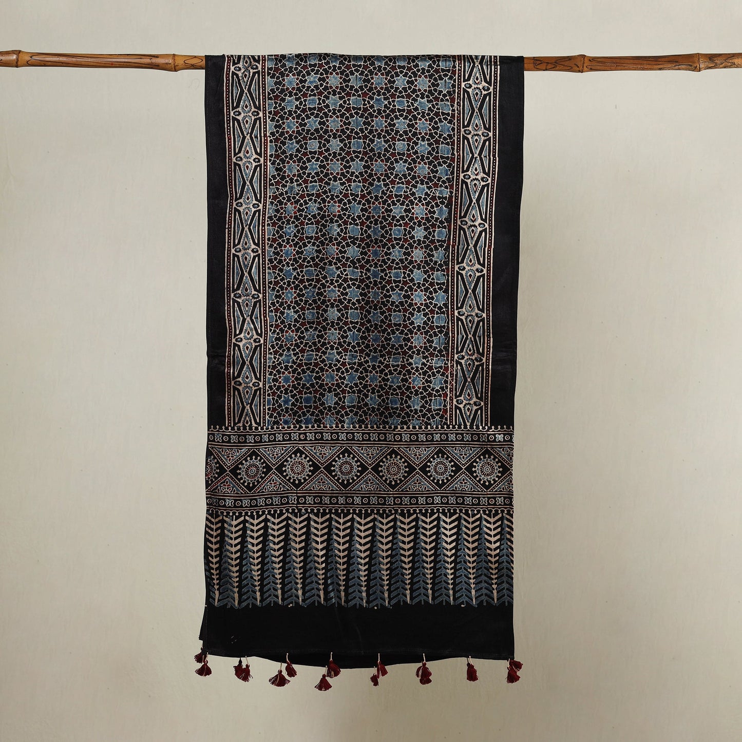  Ajrakh Hand Block Printed Mashru Silk Stole with Tassels 