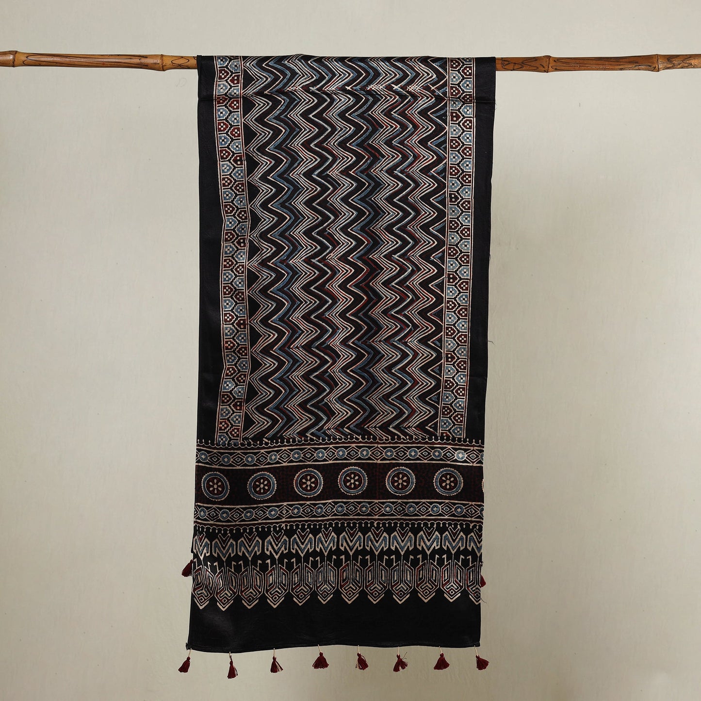 Buy Ajrakh Hand Block Printed Mashru Silk Stole with Tassels Online at iTokri.com