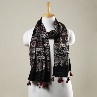 Buy Ajrakh Hand Block Printed Mashru Silk Stole with Tassels Online at iTokri.com