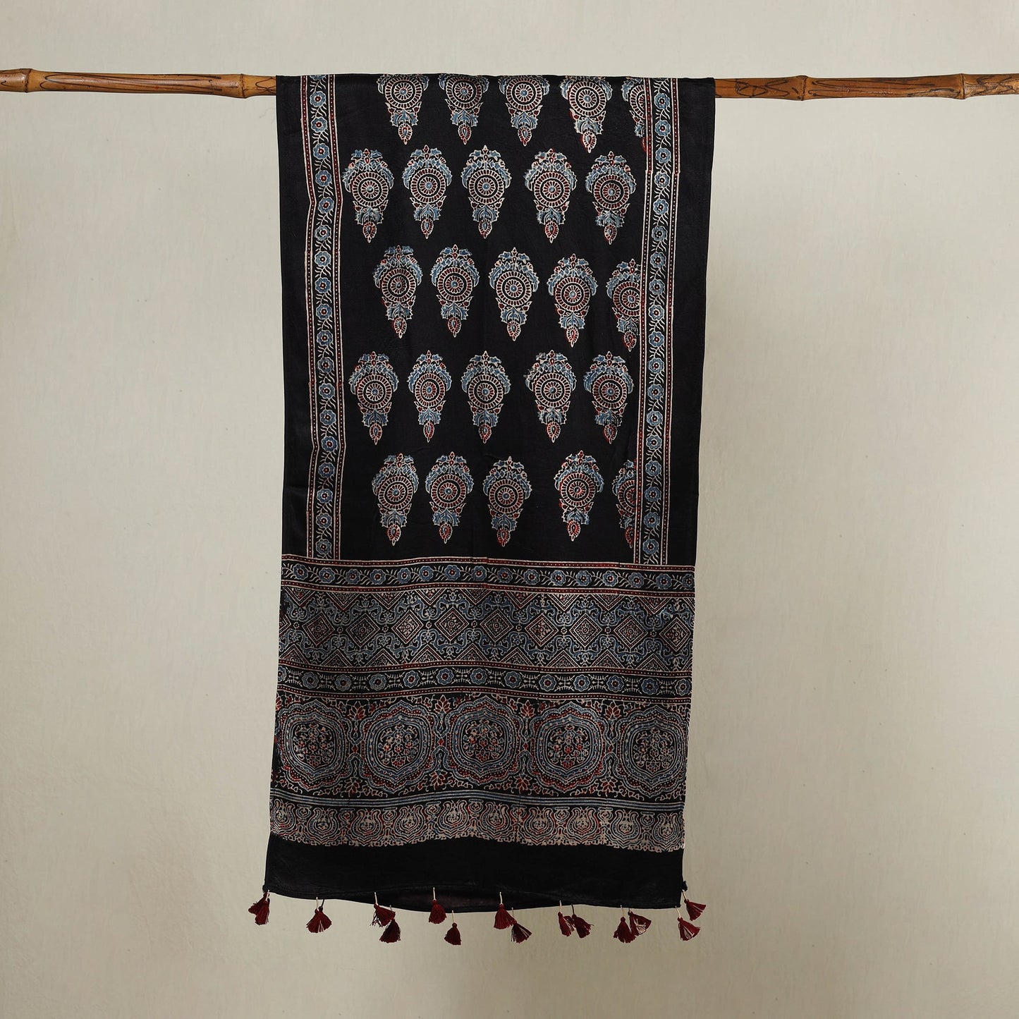 Black - Ajrakh Hand Block Printed Mashru Silk Stole with Tassels