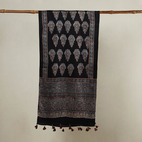 Black - Ajrakh Hand Block Printed Mashru Silk Stole with Tassels