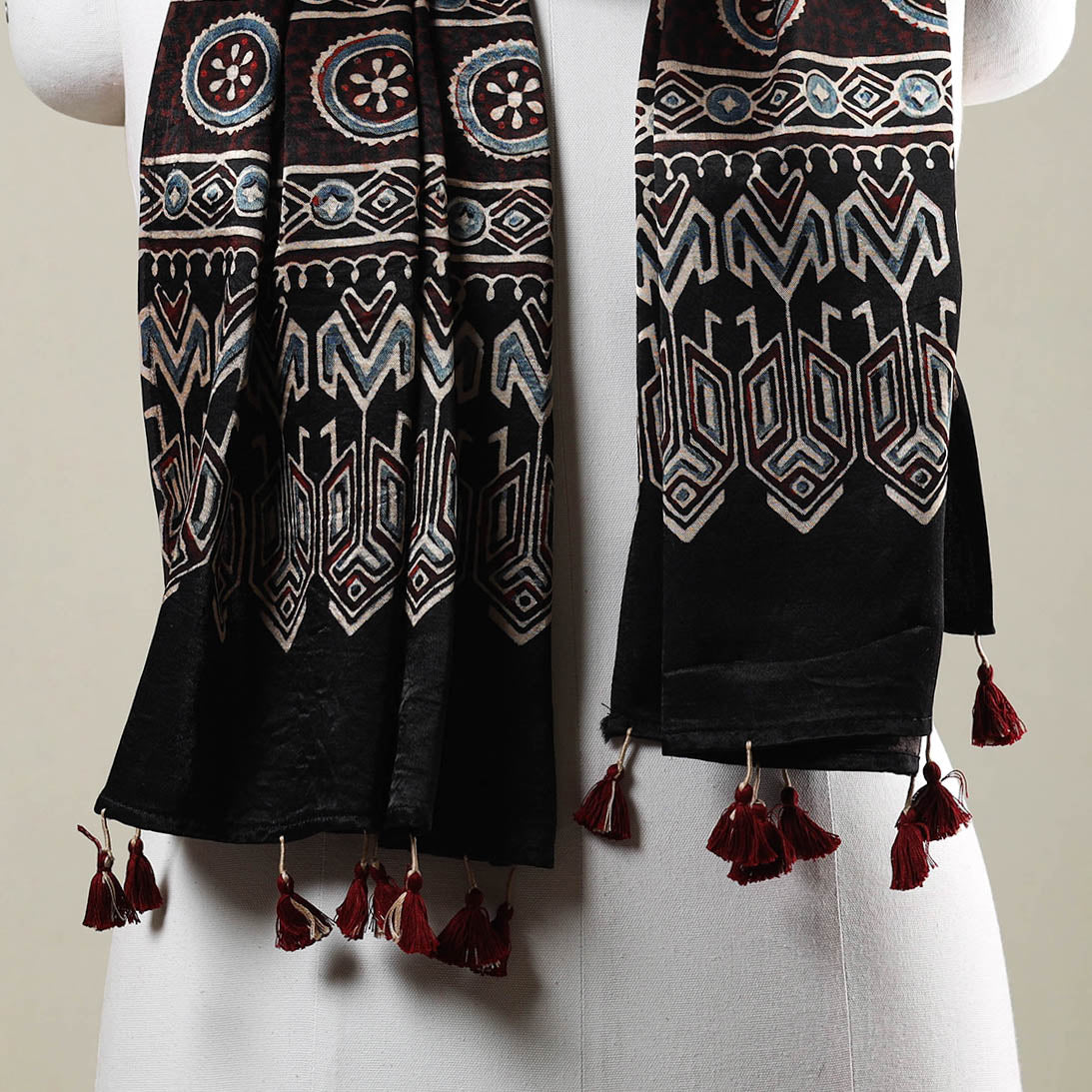 Buy Ajrakh Hand Block Printed Mashru Silk Stole with Tassels Online at iTokri.com