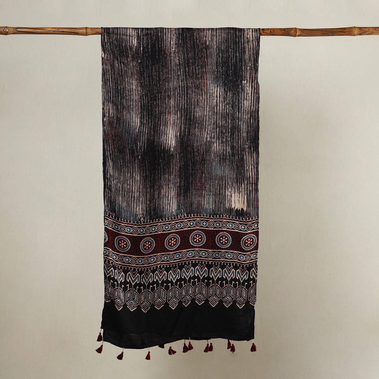  Ajrakh Hand Block Printed Modal Silk Stole with Tassels 