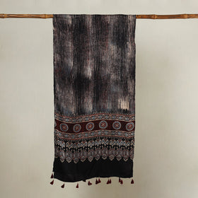  Ajrakh Hand Block Printed Modal Silk Stole with Tassels 