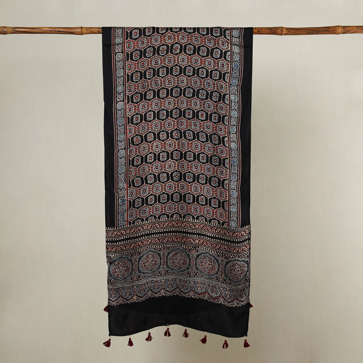 Buy Ajrakh Hand Block Printed Modal Silk Stole with Tassels Online at iTokri.com