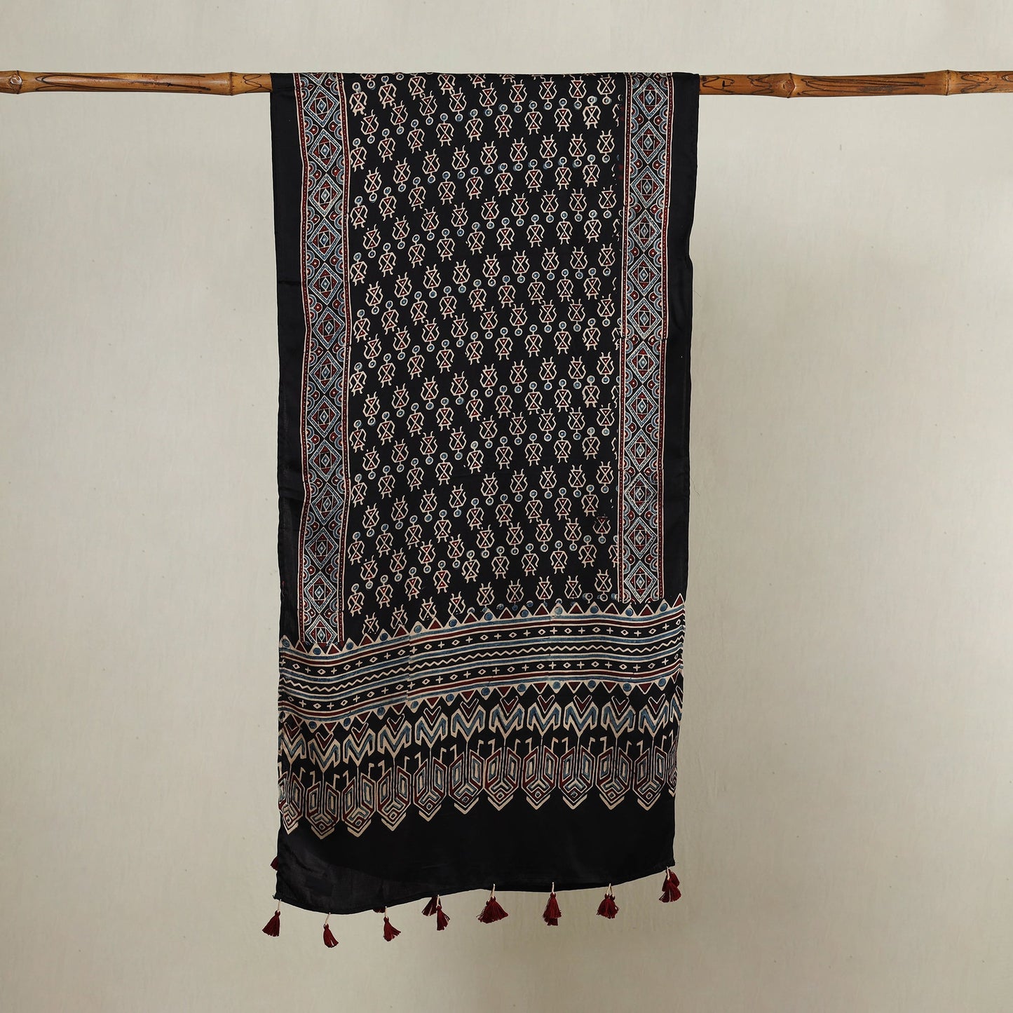  Ajrakh Hand Block Printed Modal Silk Stole with Tassels 