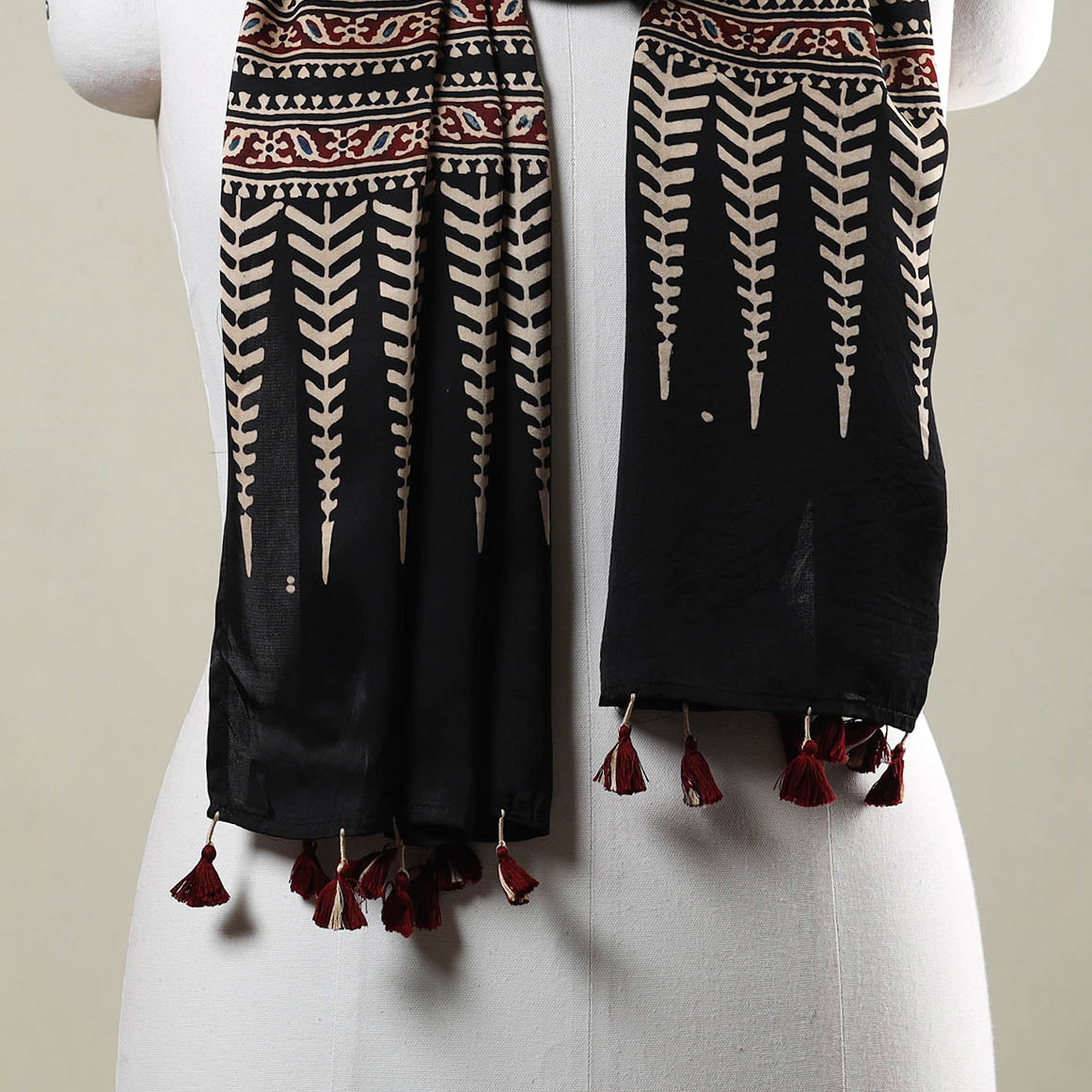  Ajrakh Hand Block Printed Modal Silk Stole with Tassels 