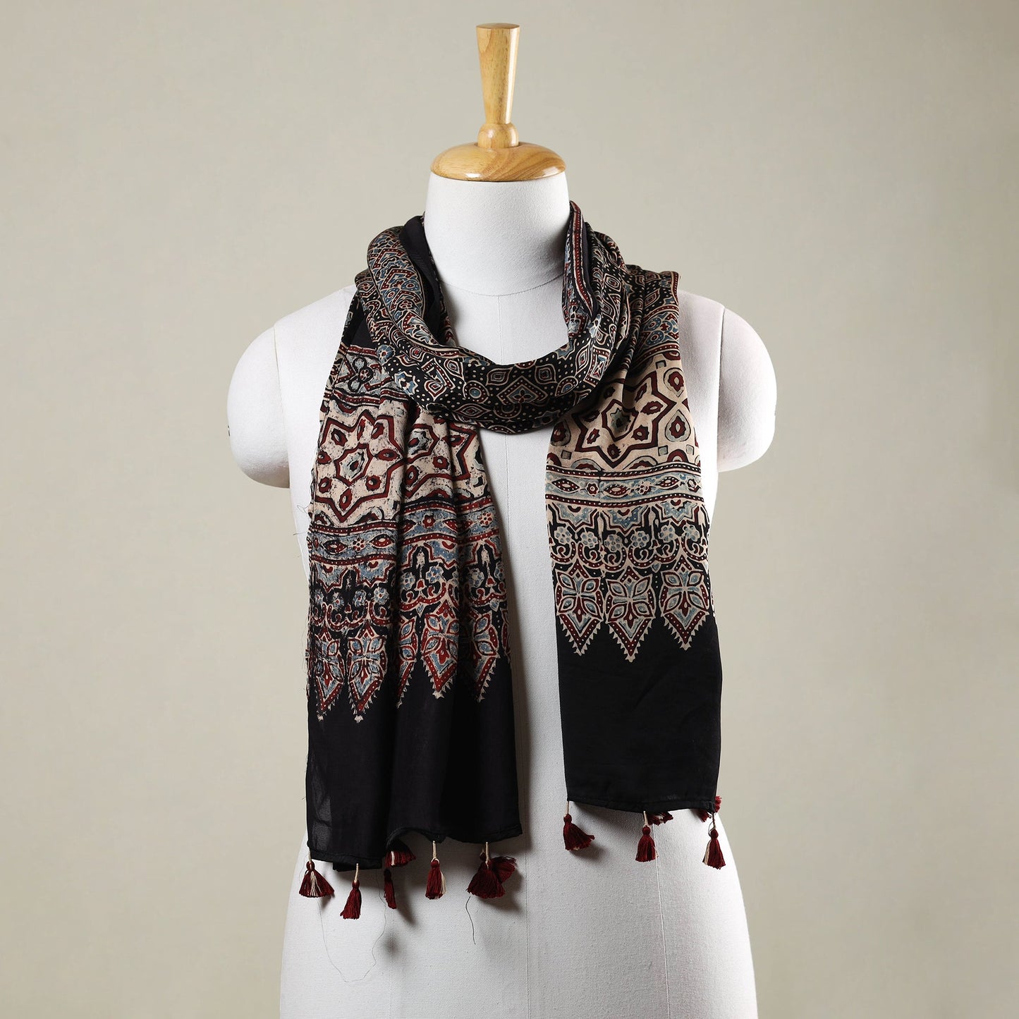  Ajrakh Hand Block Printed Modal Silk Stole with Tassels 