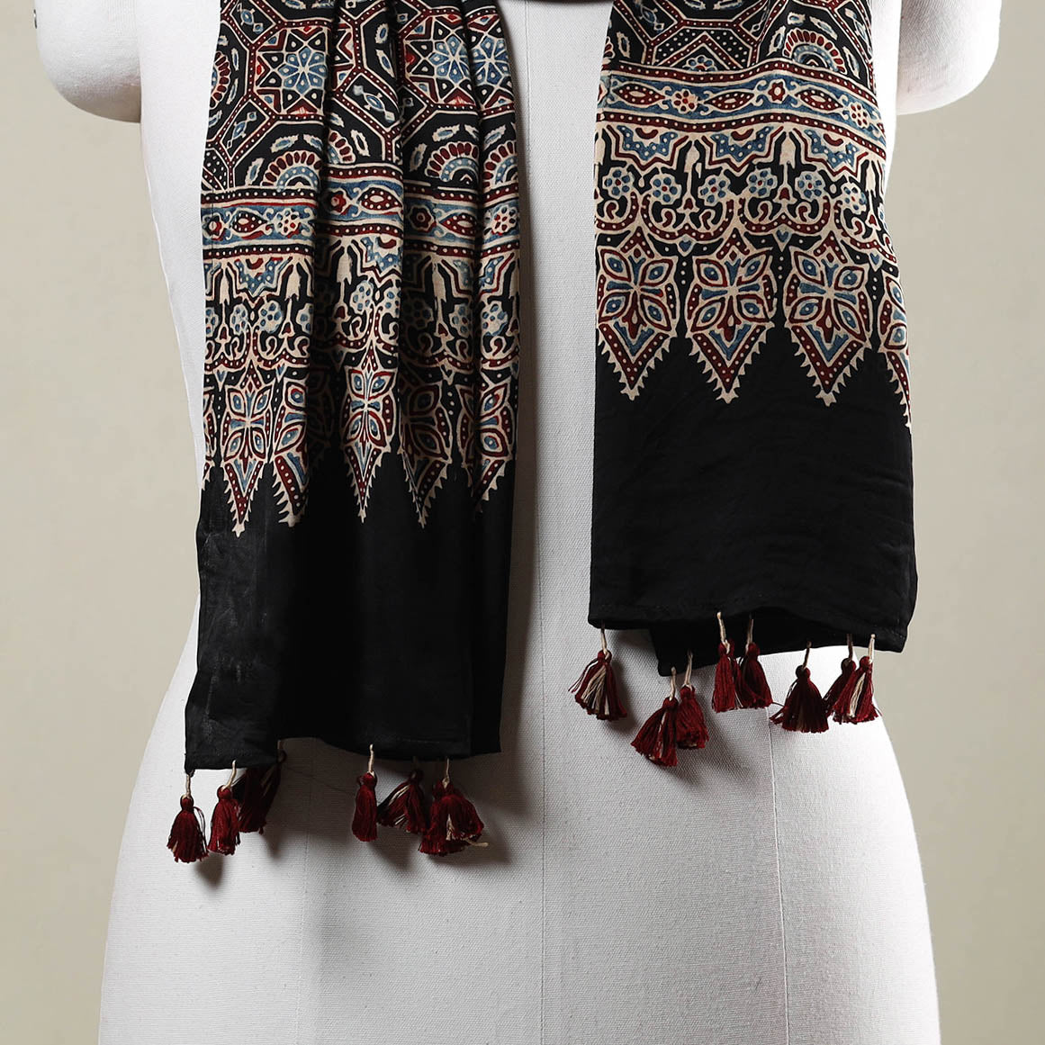  Ajrakh Hand Block Printed Modal Silk Stole with Tassels 