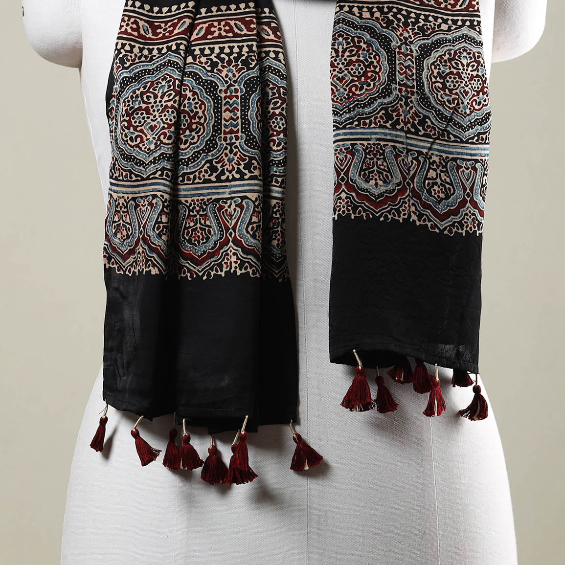 Buy Ajrakh Hand Block Printed Modal Silk Stole with Tassels Online at iTokri.com