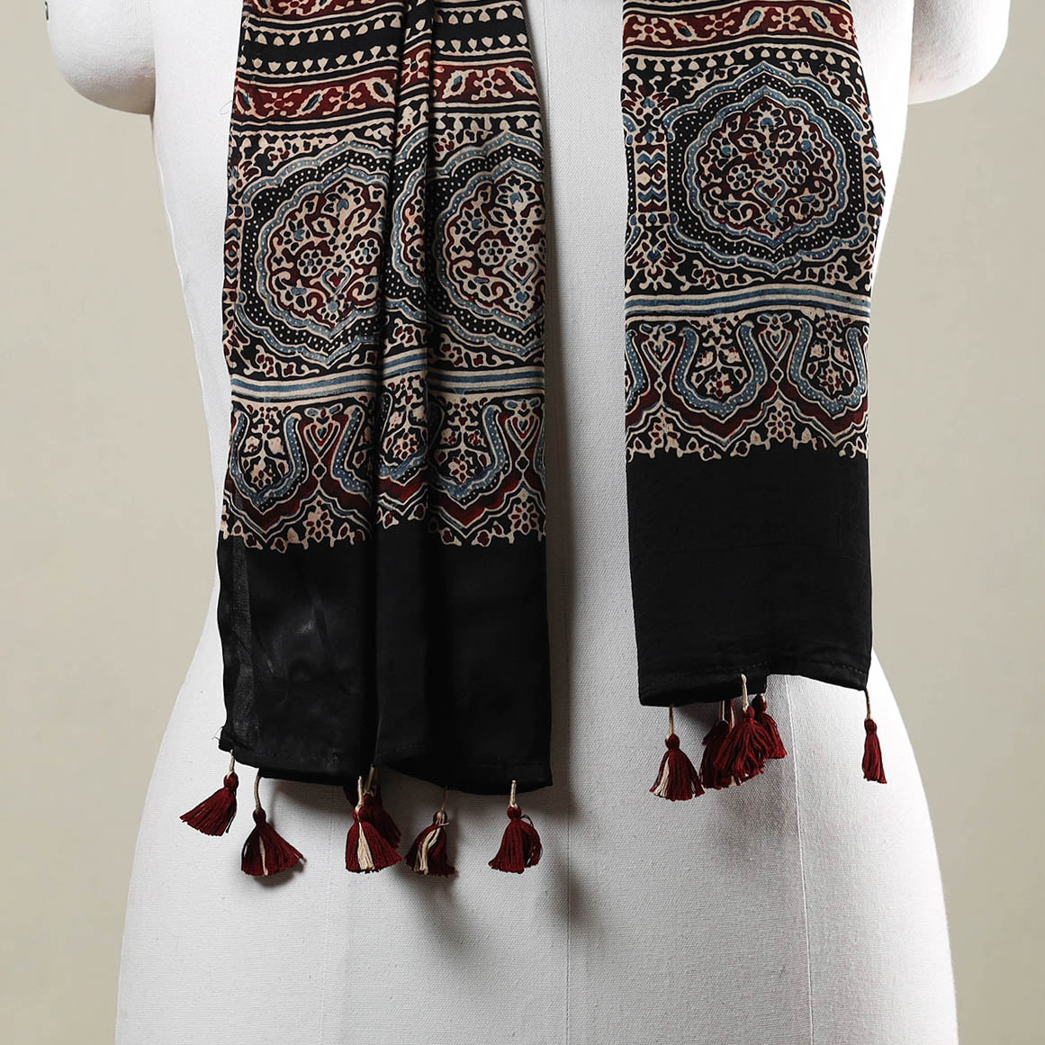  Ajrakh Hand Block Printed Modal Silk Stole with Tassels 