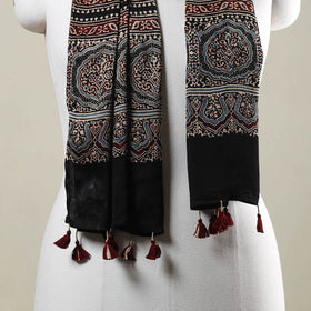 Ajrakh Hand Block Printed Modal Silk Stole with Tassels 