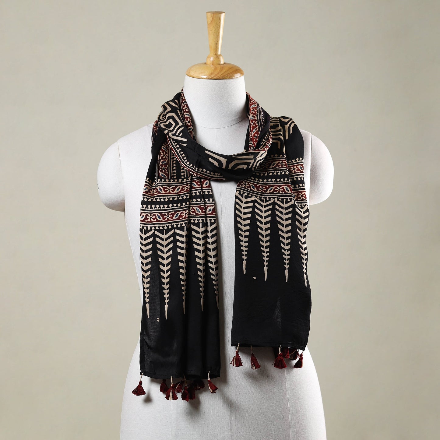  Ajrakh Hand Block Printed Modal Silk Stole with Tassels 