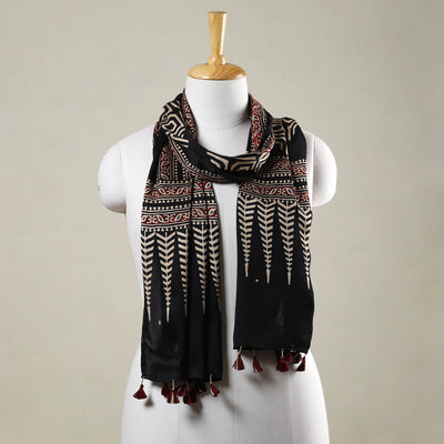  Ajrakh Hand Block Printed Modal Silk Stole with Tassels 