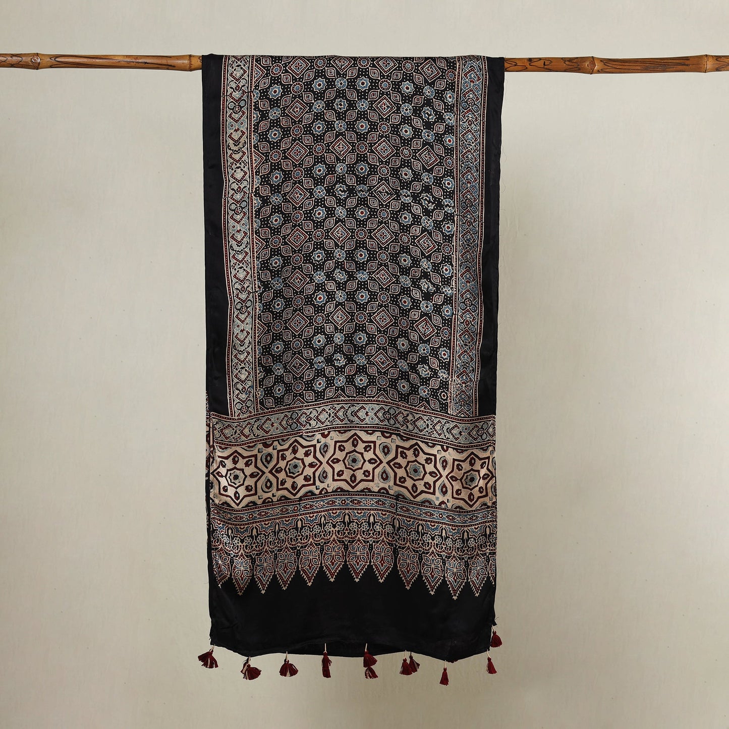  Ajrakh Hand Block Printed Modal Silk Stole with Tassels 