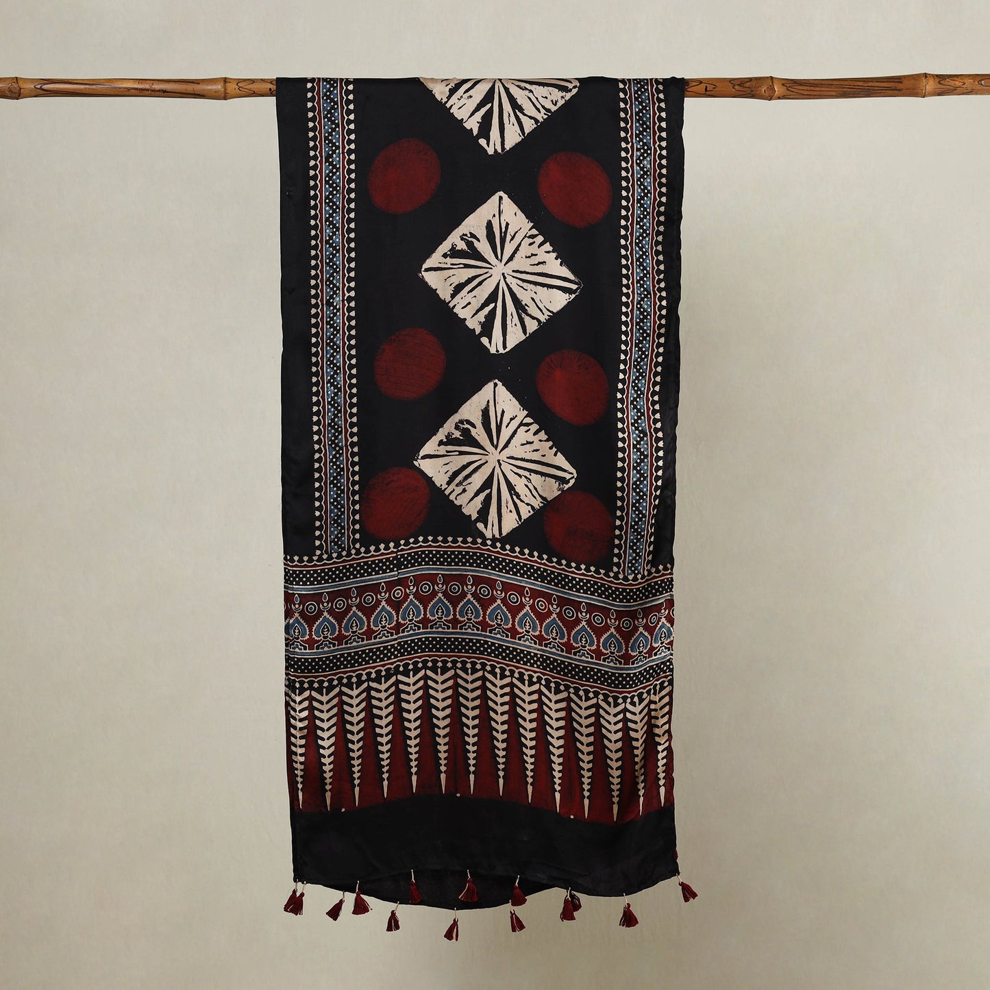  Ajrakh Hand Block Printed Modal Silk Stole with Tassels 