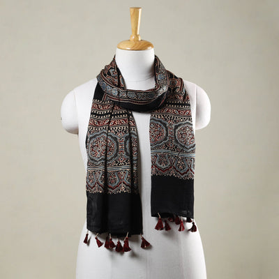 Buy Ajrakh Hand Block Printed Modal Silk Stole with Tassels Online at iTokri.com