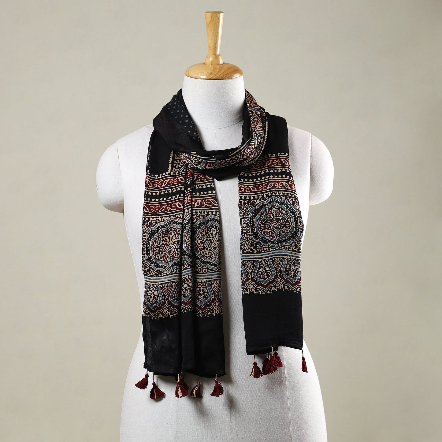 Ajrakh Hand Block Printed Modal Silk Stole with Tassels 
