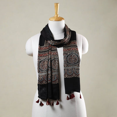  Ajrakh Hand Block Printed Modal Silk Stole with Tassels 