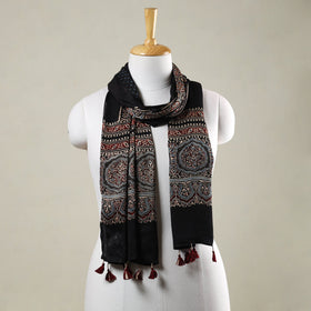  Ajrakh Hand Block Printed Modal Silk Stole with Tassels 