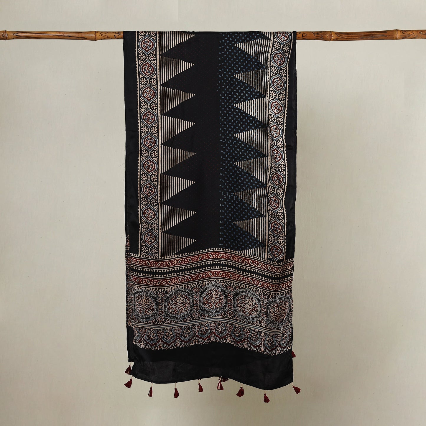  Ajrakh Hand Block Printed Modal Silk Stole with Tassels 