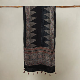  Ajrakh Hand Block Printed Modal Silk Stole with Tassels 