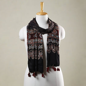 Ajrakh Hand Block Printed Modal Silk Stole with Tassels 