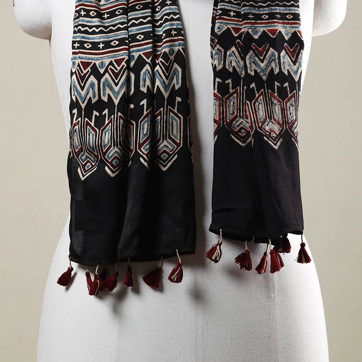  Ajrakh Hand Block Printed Modal Silk Stole with Tassels 