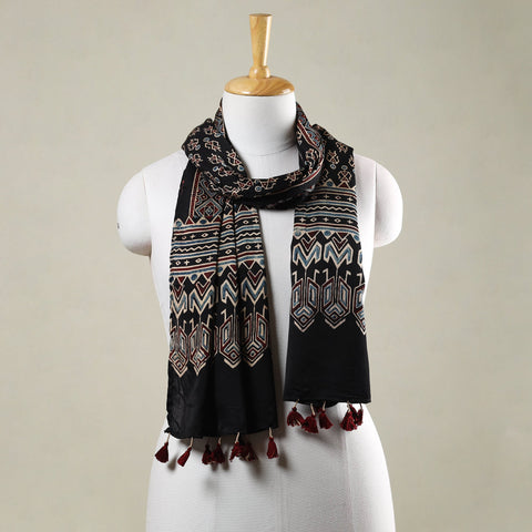  Ajrakh Hand Block Printed Modal Silk Stole with Tassels 