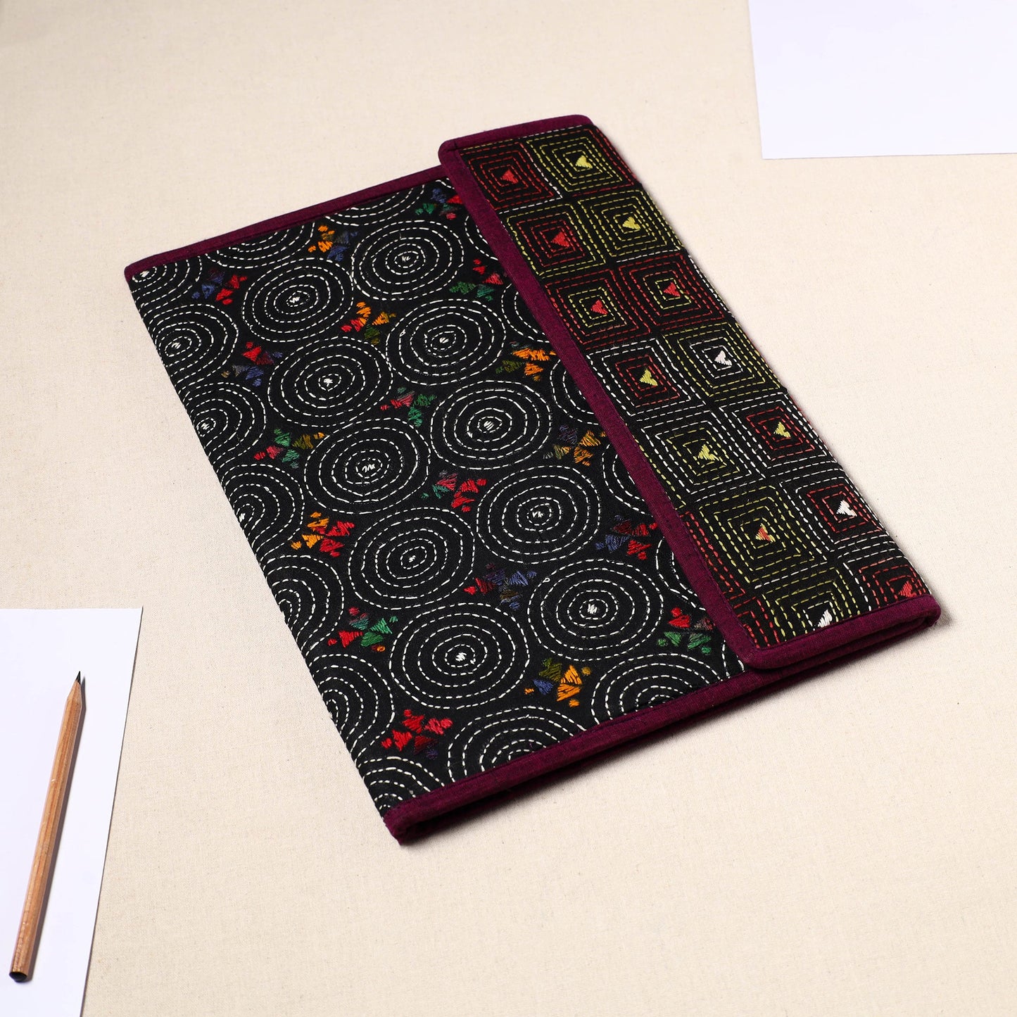 Black Handcrafted Bengal Kantha Work File Folder