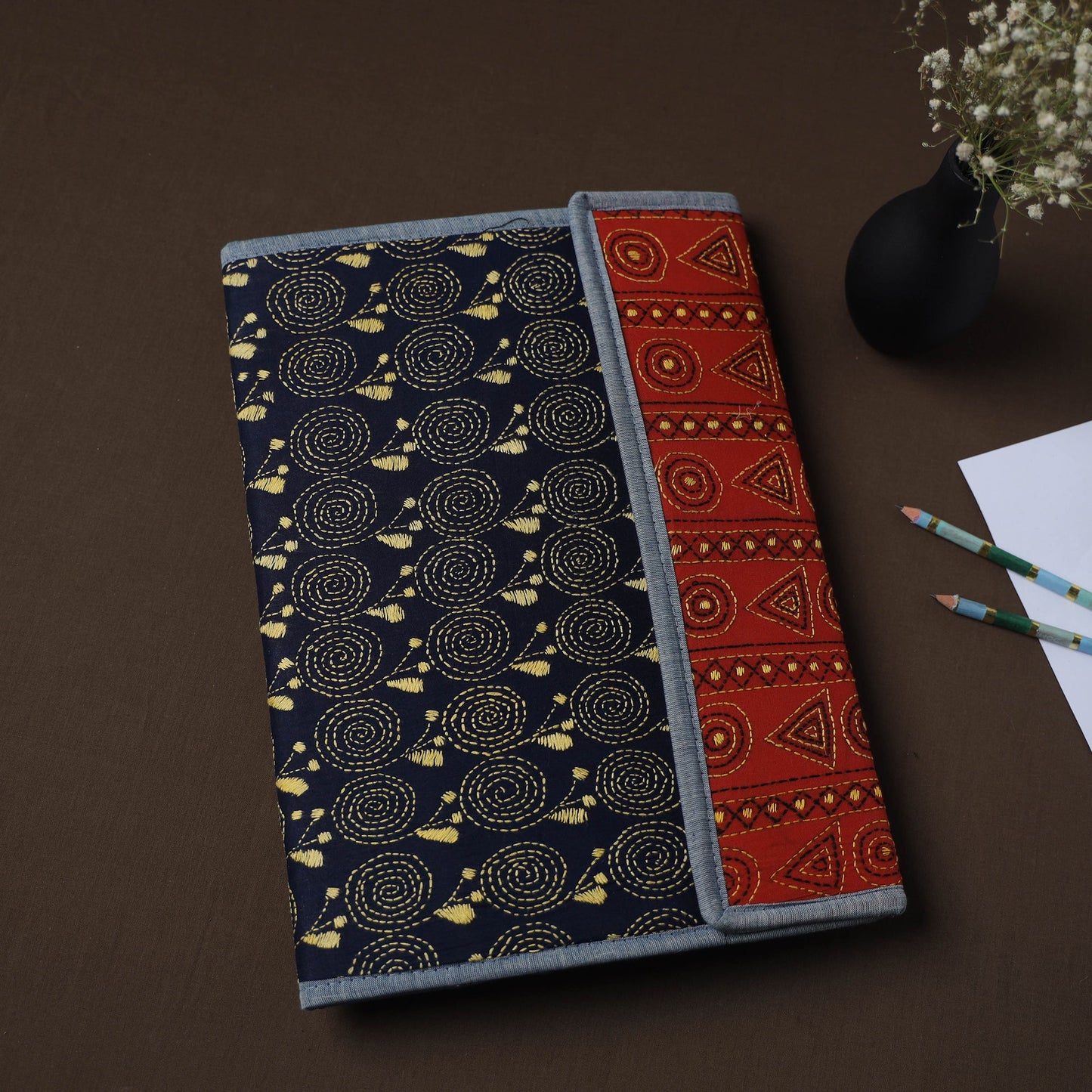 Black Handcrafted Bengal Kantha Work File Folder