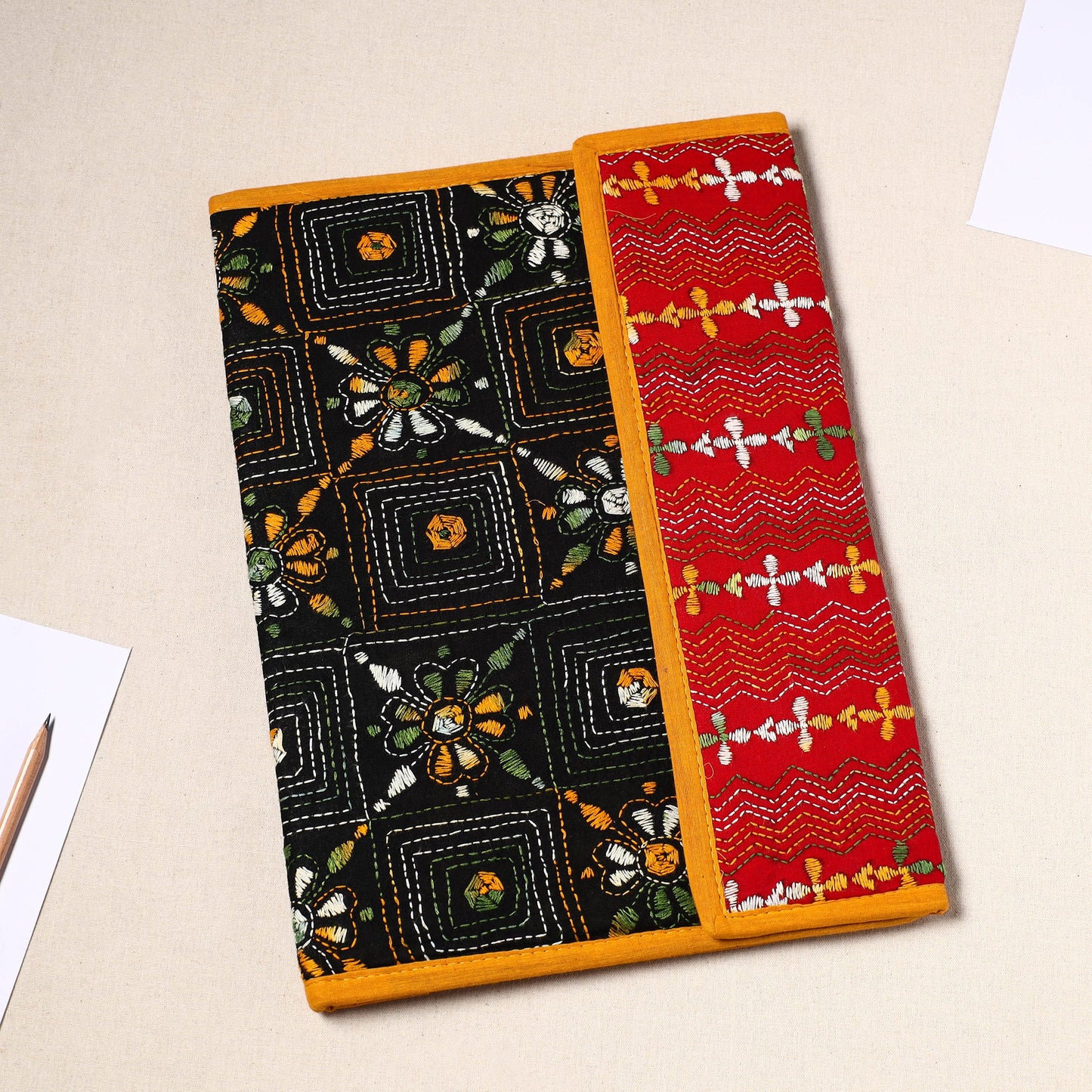 Black Handcrafted Bengal Kantha Work File Folder