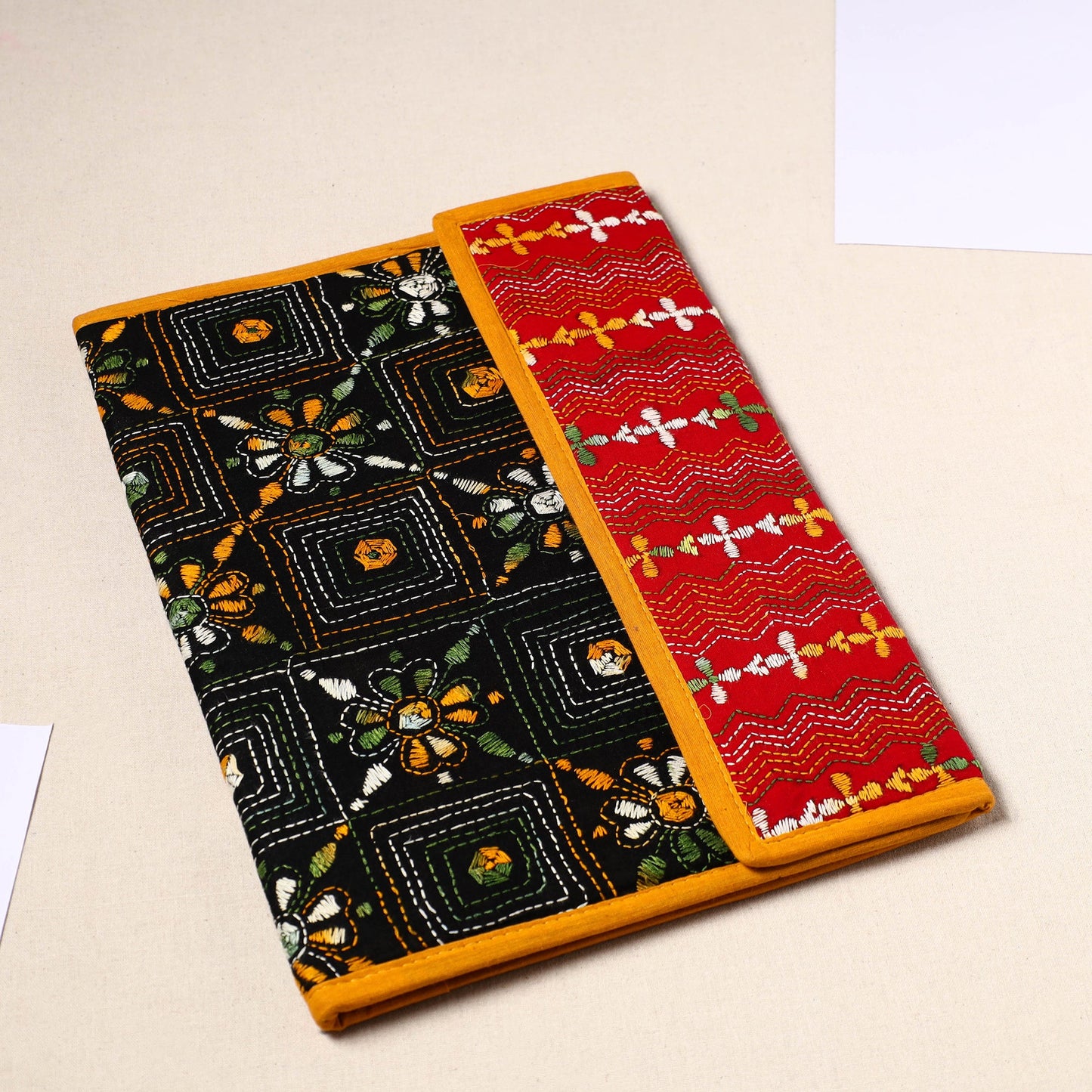 Black Handcrafted Bengal Kantha Work File Folder