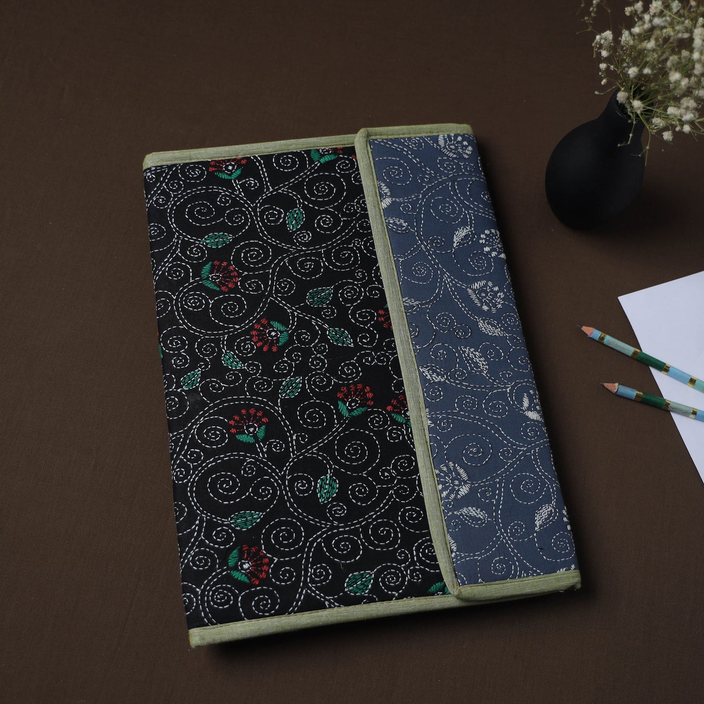 Black Handcrafted Bengal Kantha Work File Folder