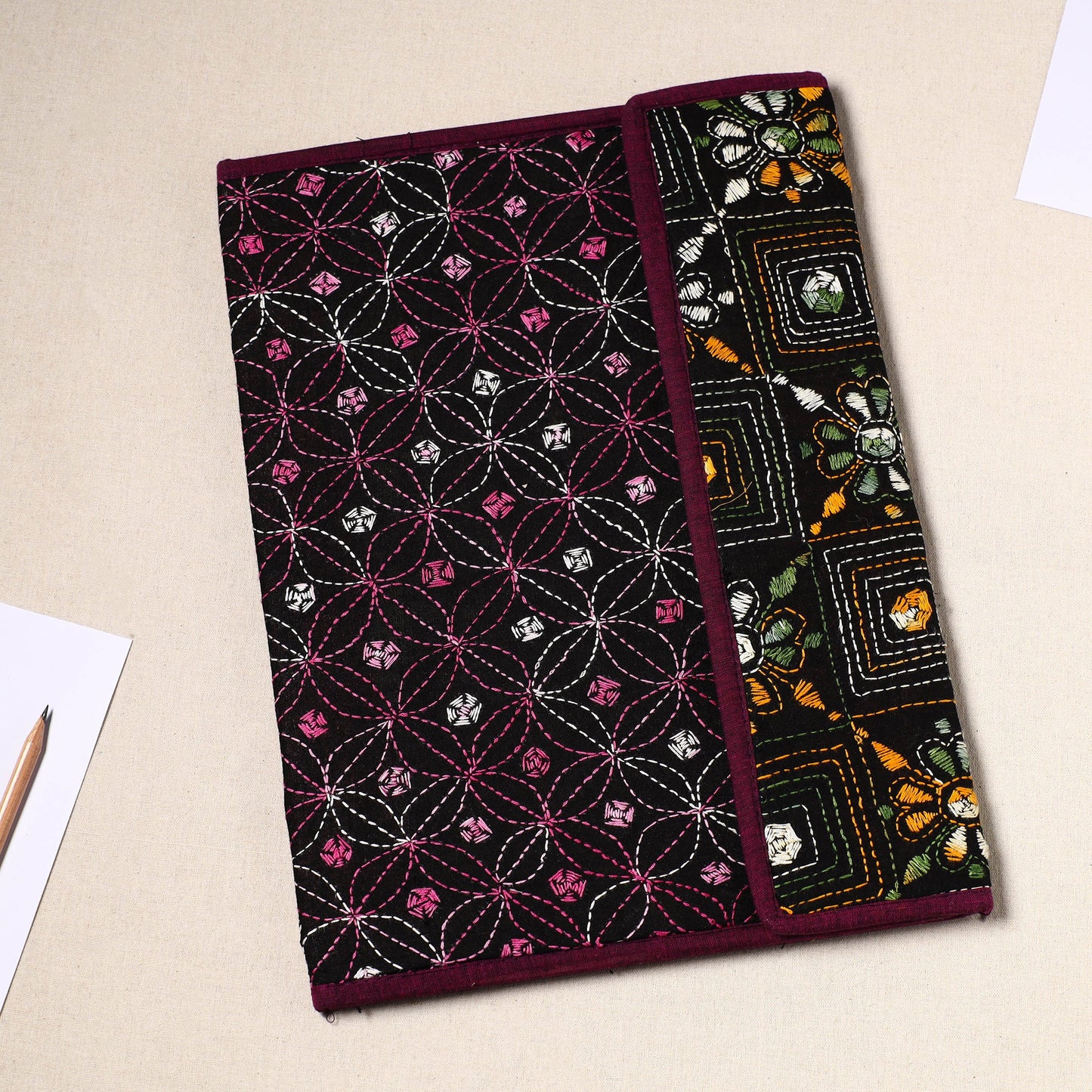 Black Handcrafted Bengal Kantha Work File Folder