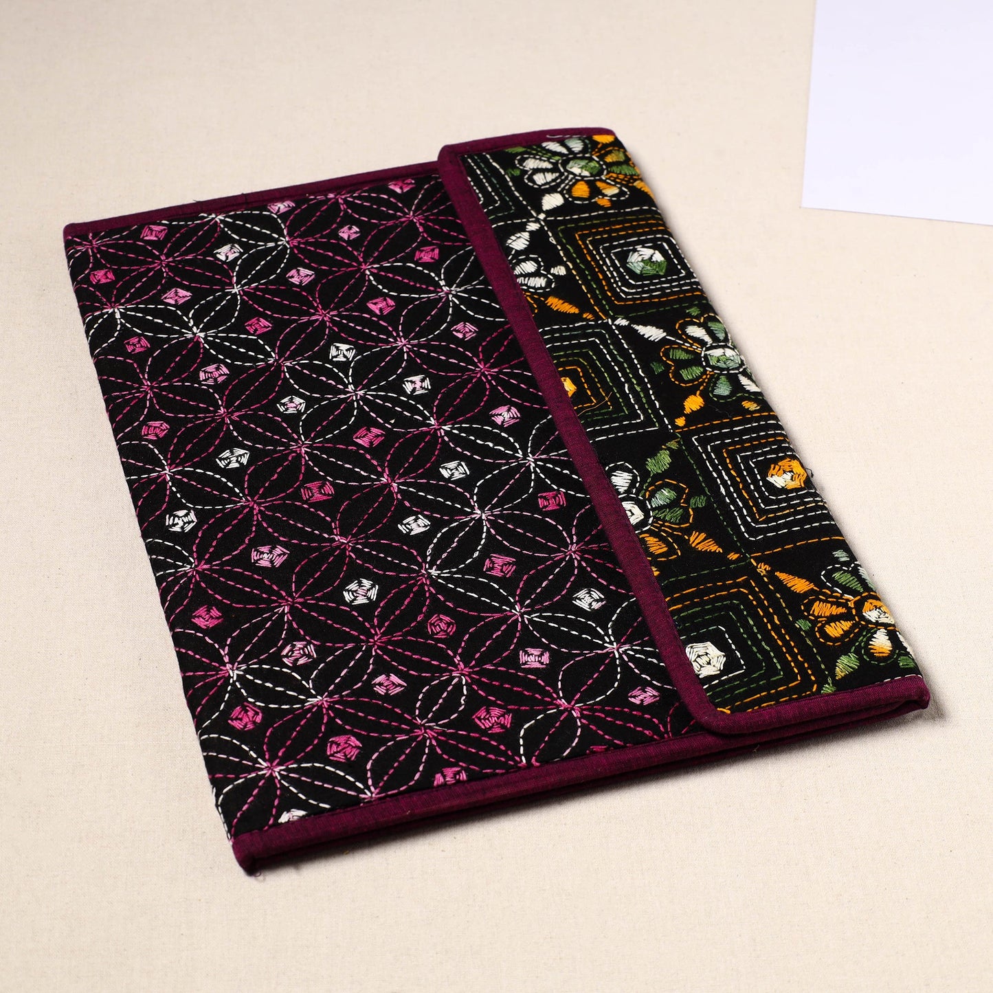 Black Handcrafted Bengal Kantha Work File Folder