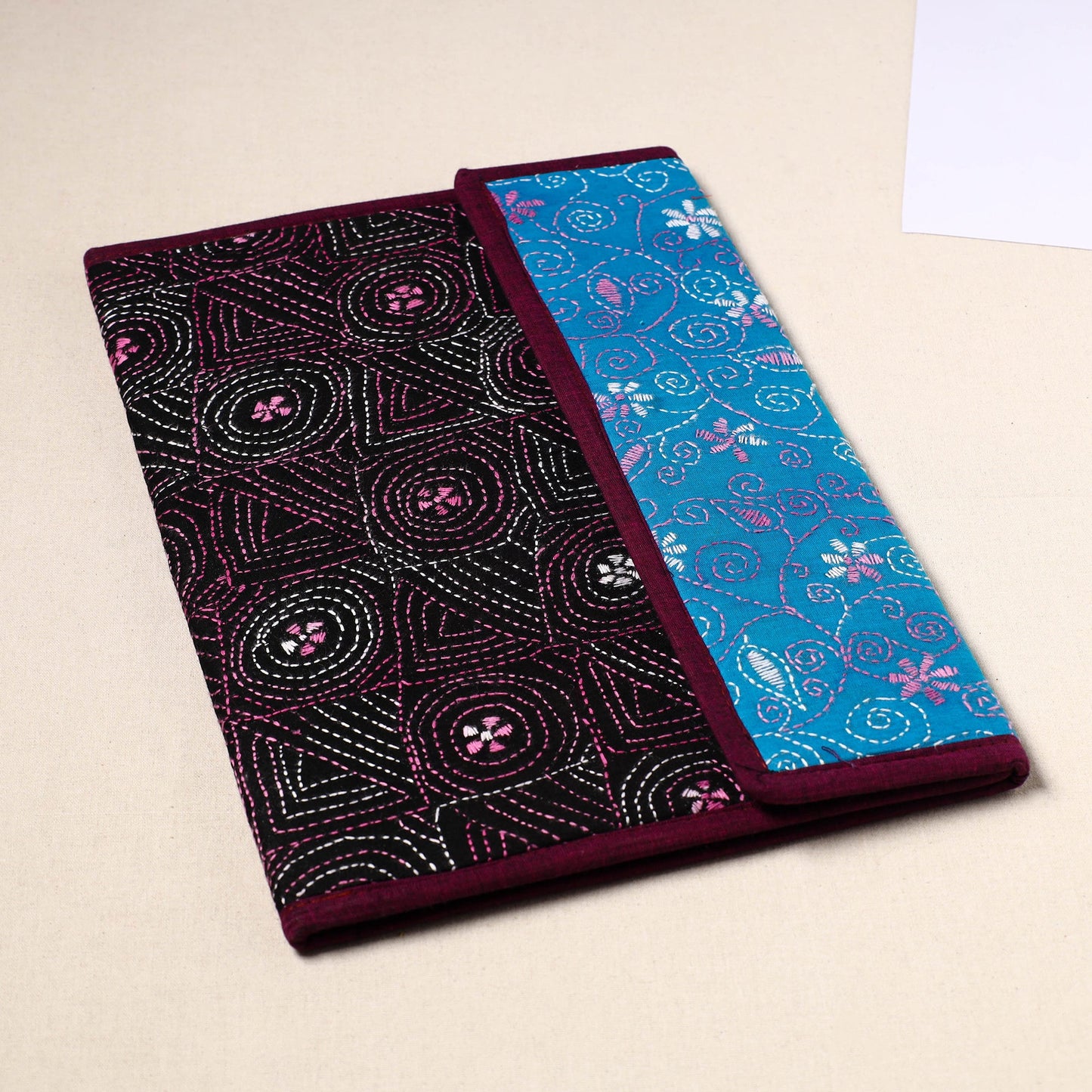 Black Handcrafted Bengal Kantha Work File Folder