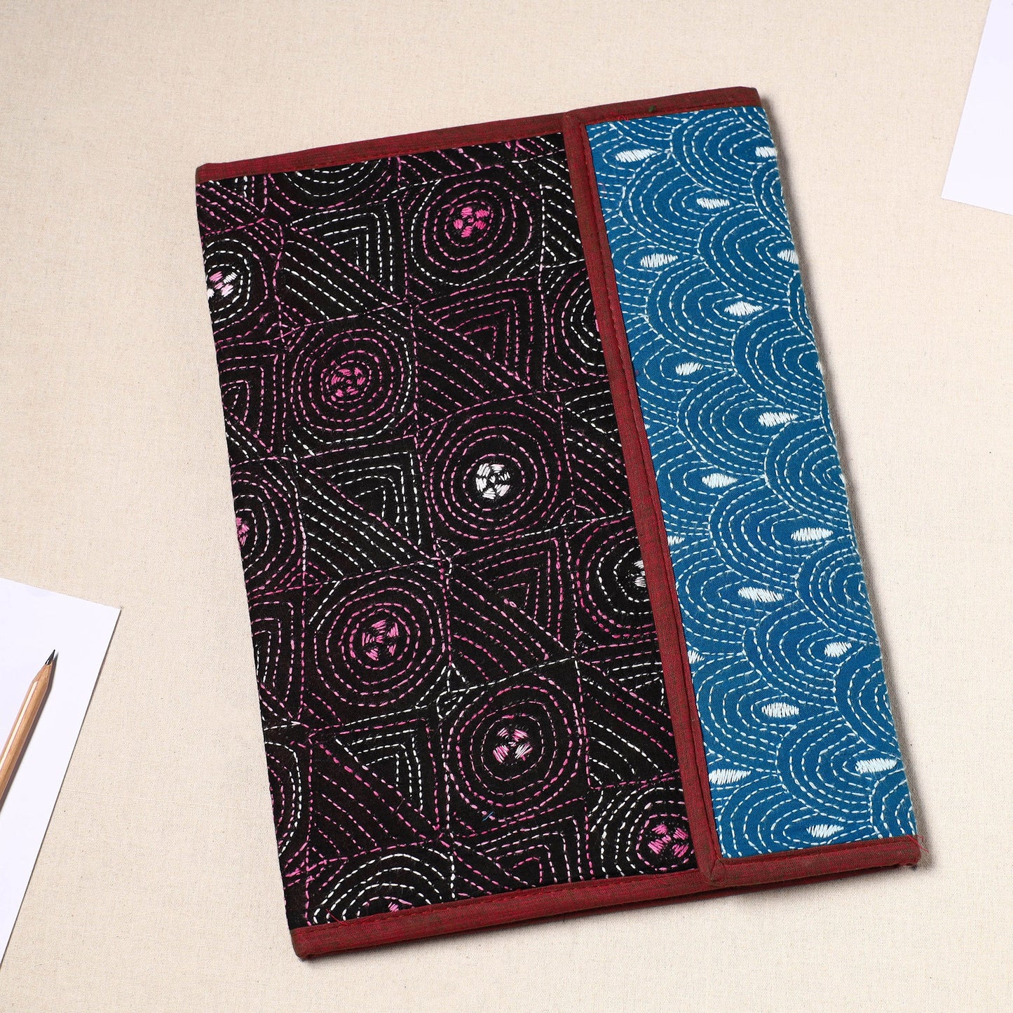 Black Handcrafted Bengal Kantha Work File Folder