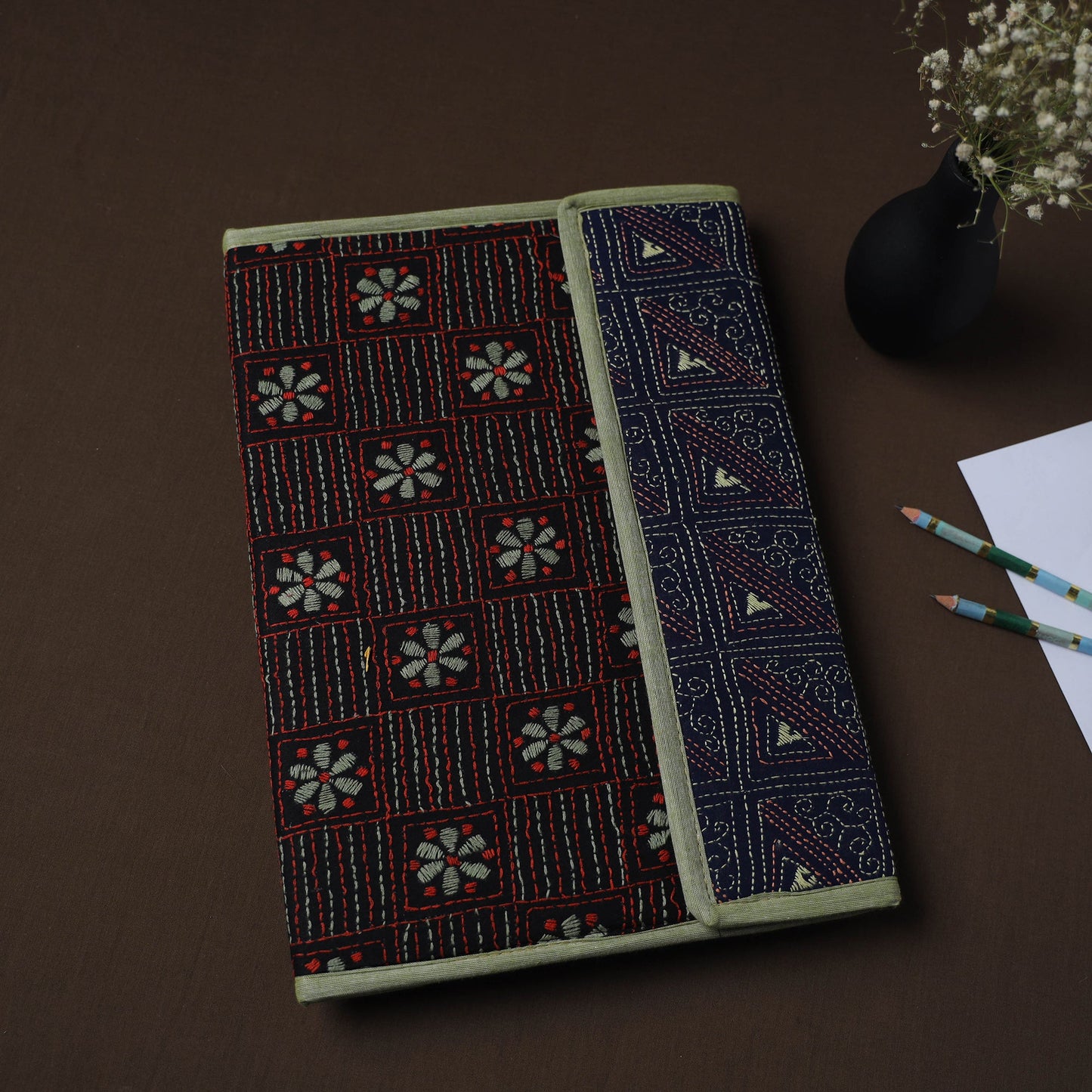 Black Handcrafted Bengal Kantha Work File Folder