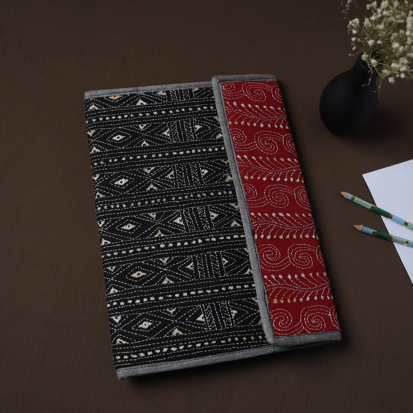 Black Handcrafted Bengal Kantha Work File Folder