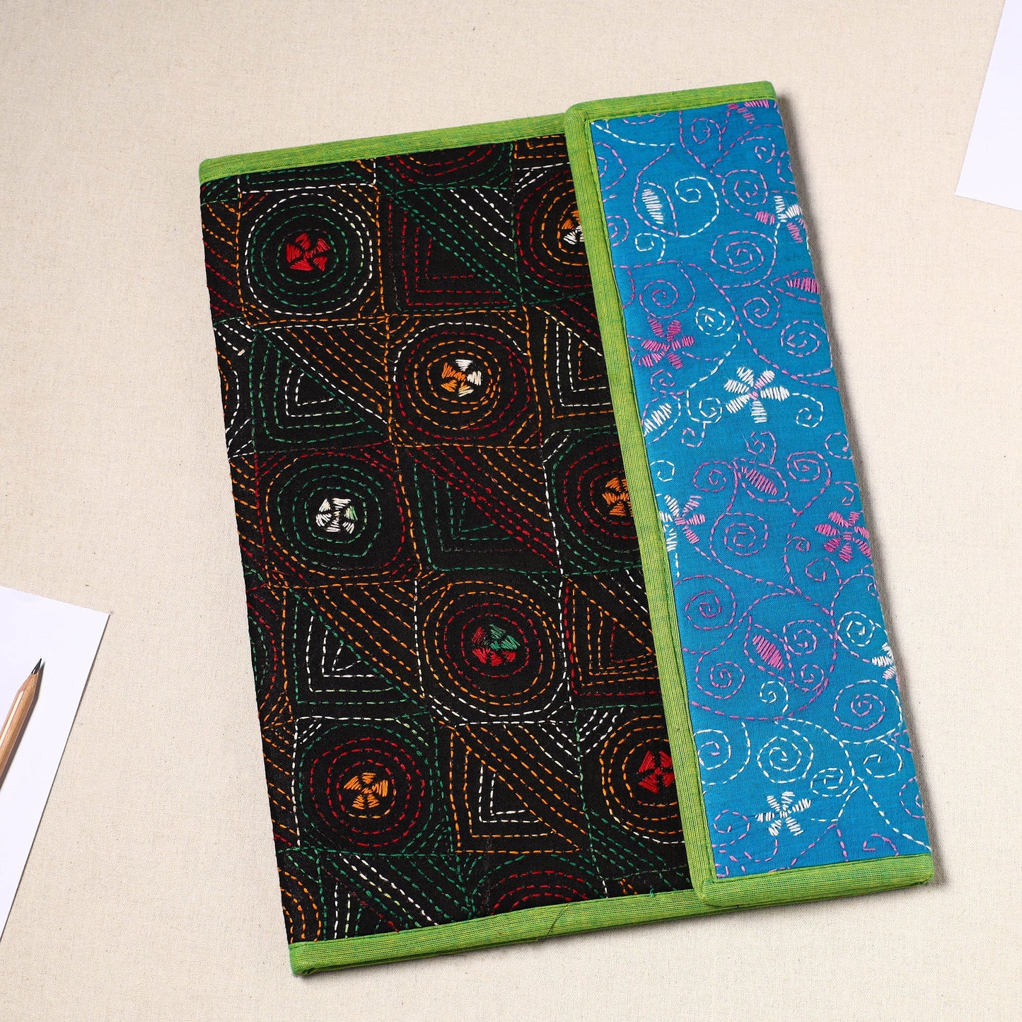 Black Handcrafted Bengal Kantha Work File Folder