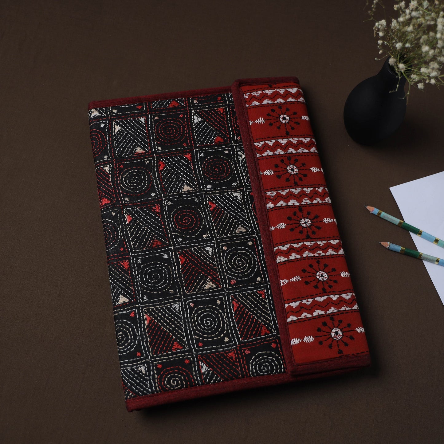 Black Handcrafted Bengal Kantha Work File Folder