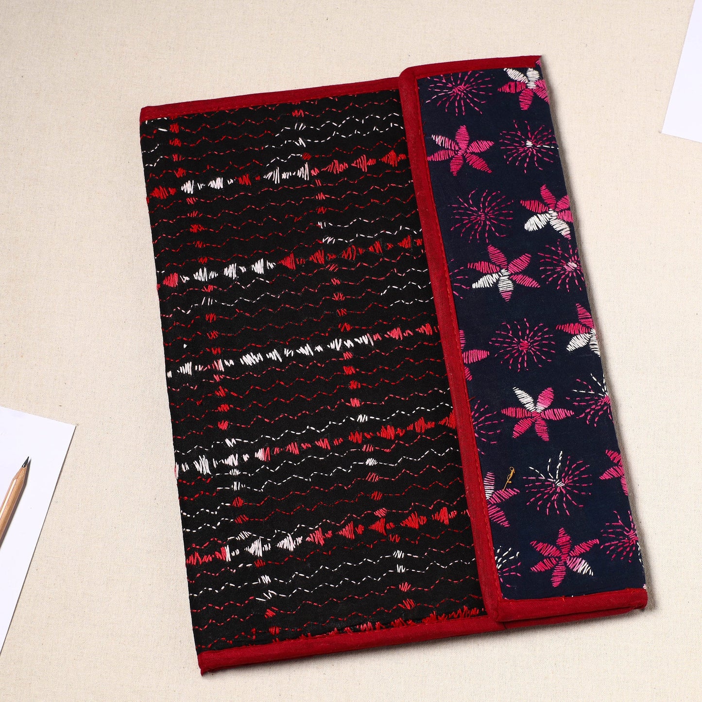 Black Handcrafted Bengal Kantha Work File Folder