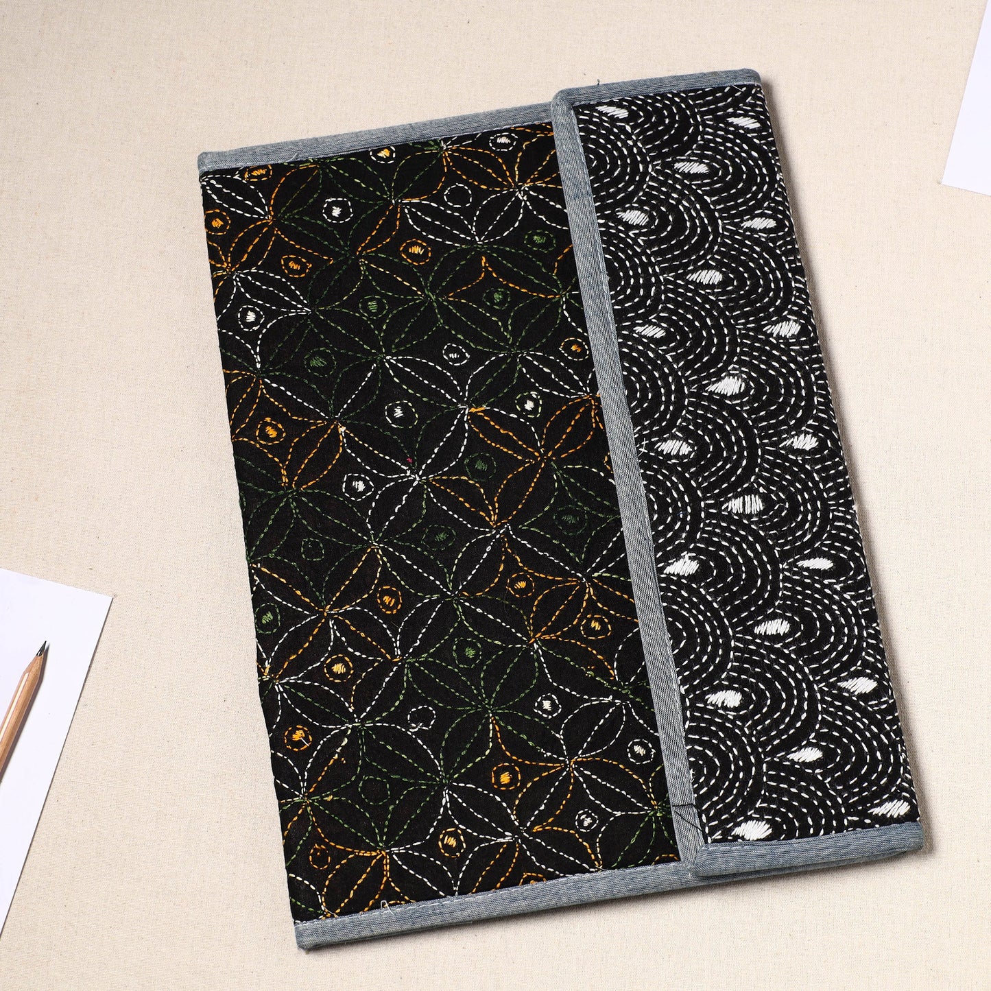 Black Handcrafted Bengal Kantha Work File Folder