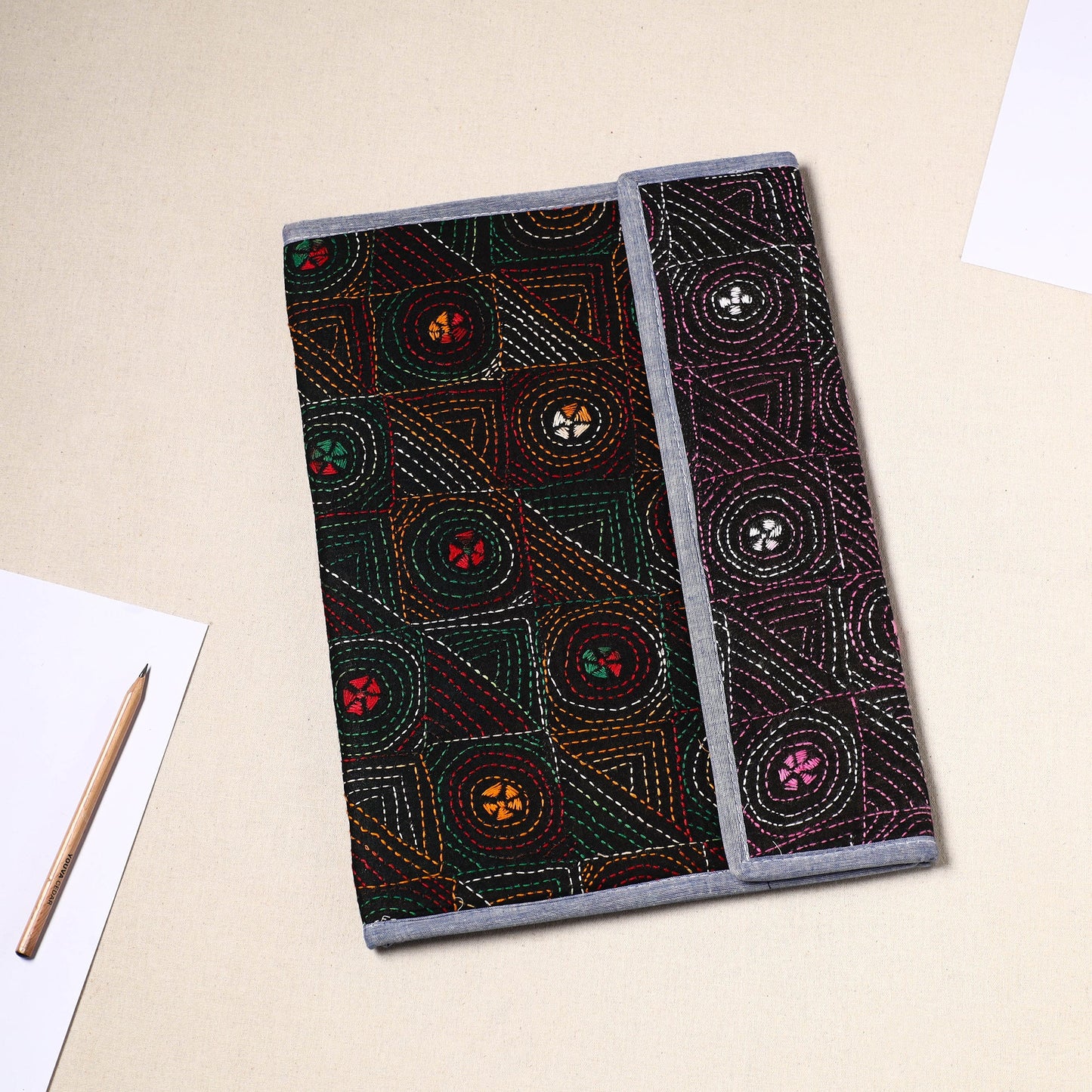 Black Handcrafted Bengal Kantha Work File Folder