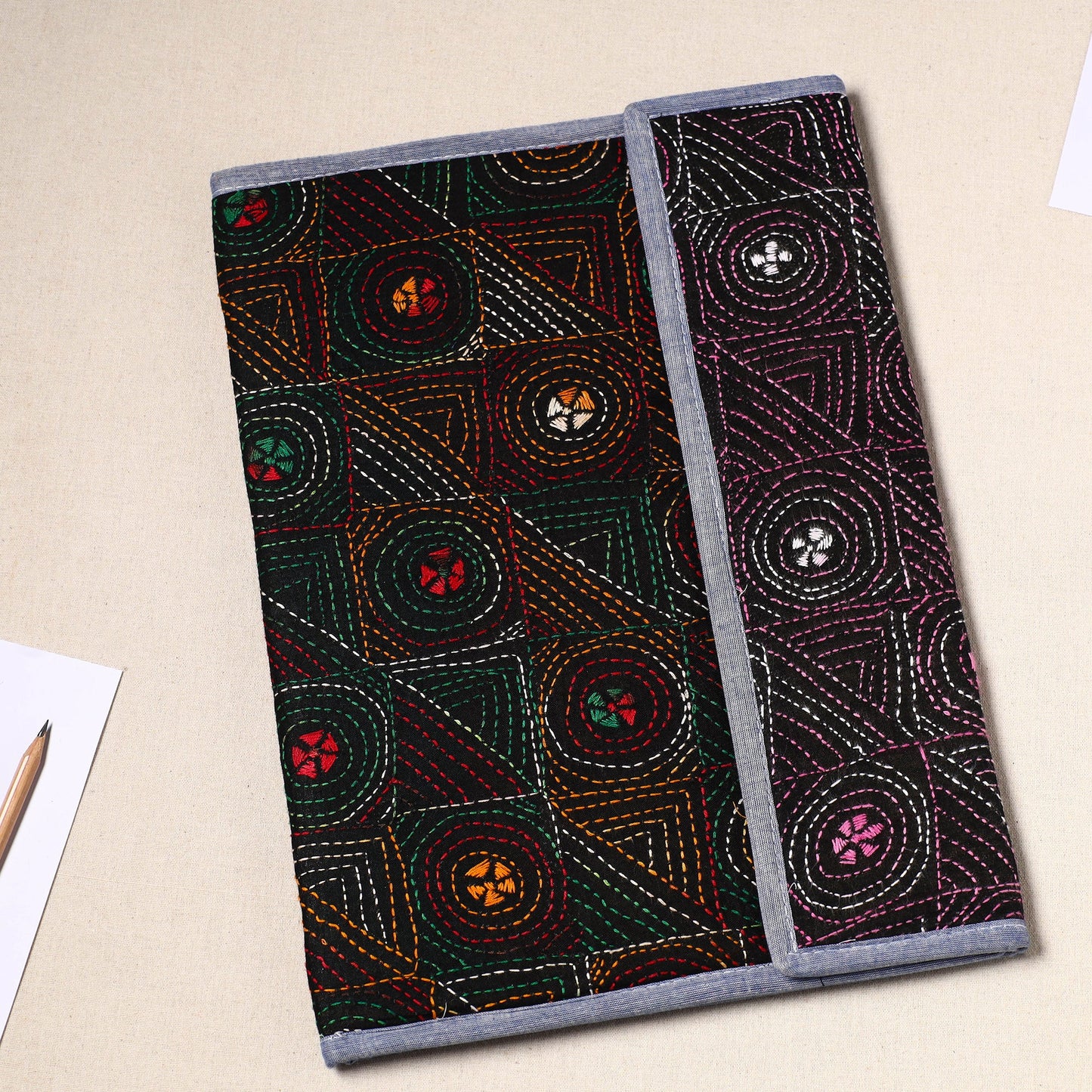 Black Handcrafted Bengal Kantha Work File Folder